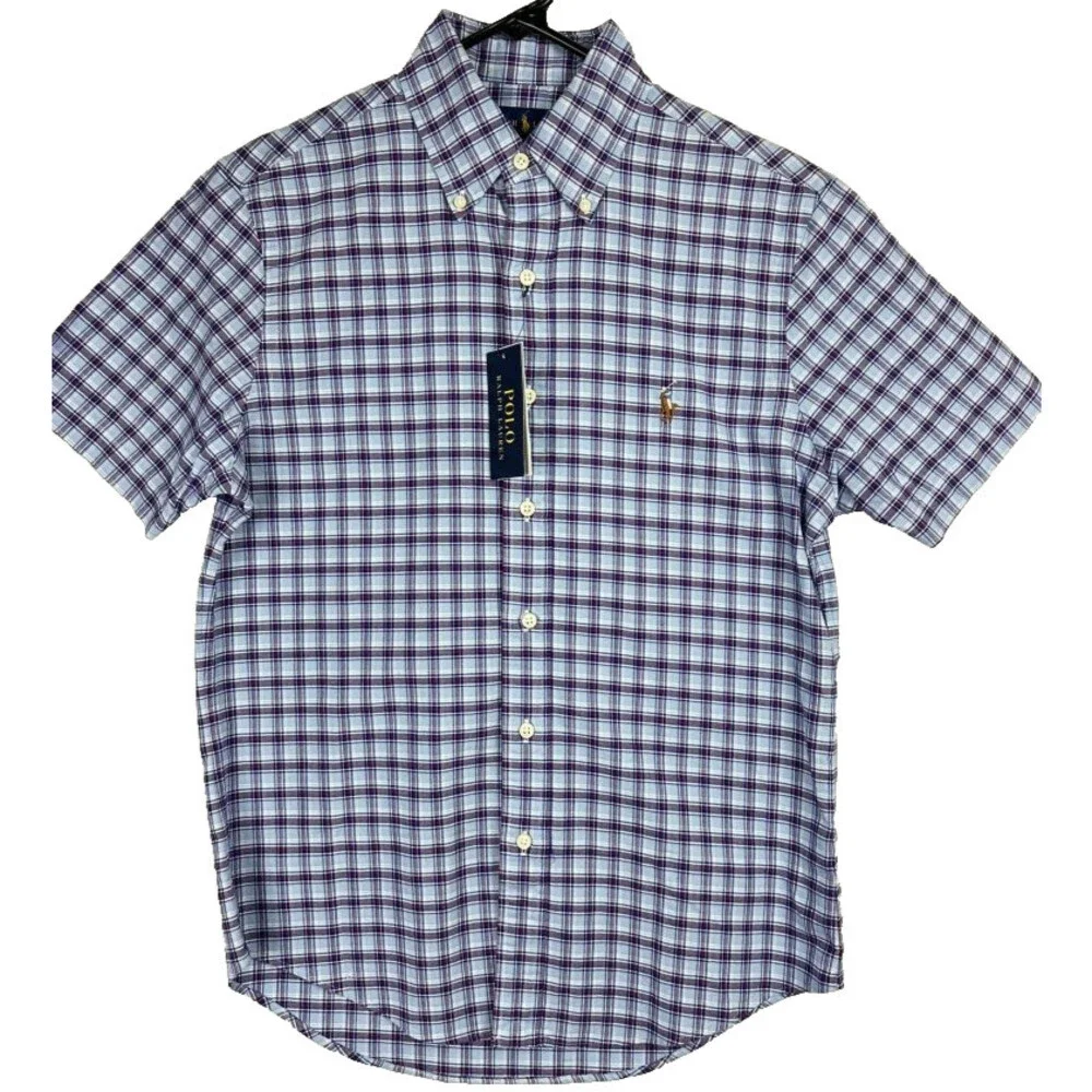 Polo Ralph Lauren Mens Plaid Short Sleeve Button-Up Shirt XS Blue Classic Fit